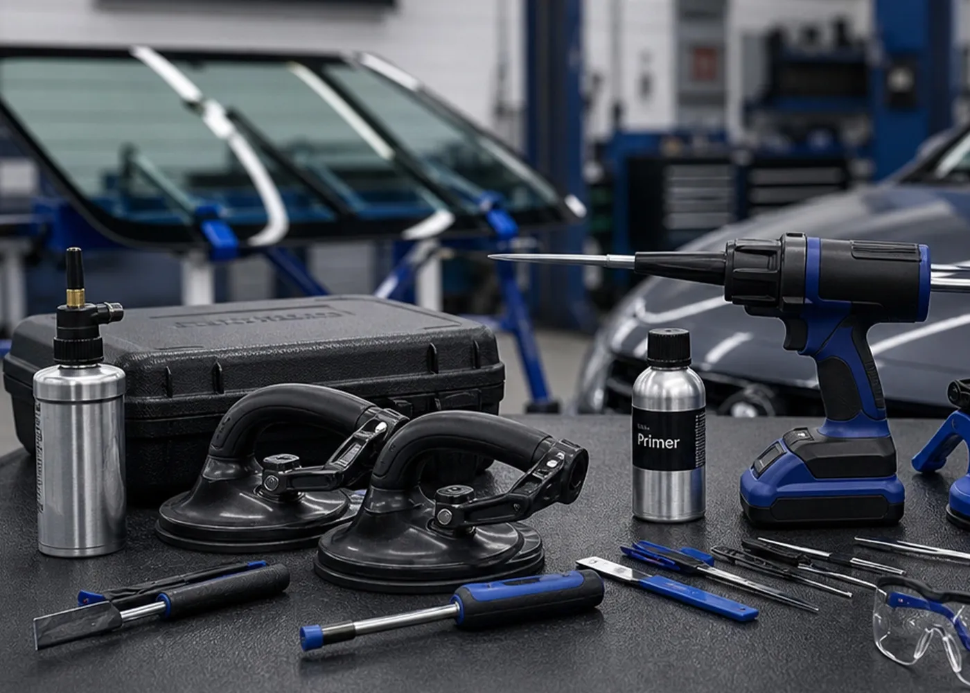 Werkzeug und Material für den mobilen Autoglas-Service — Harz, Saugheber, Kalibrier-Equipment