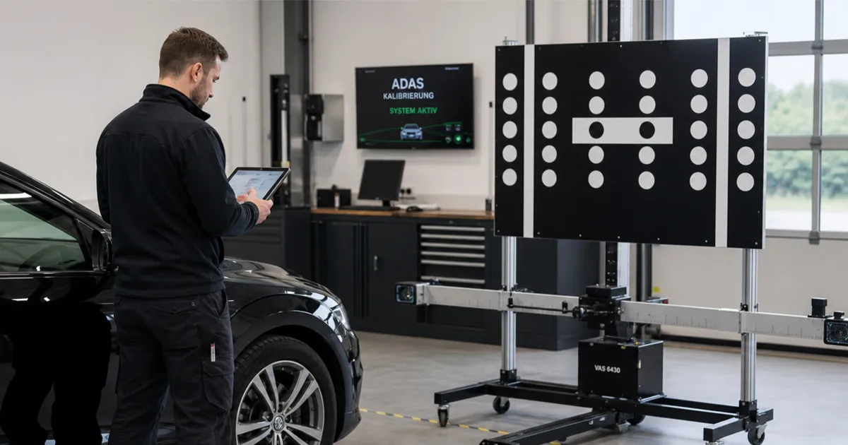 Ein PKW steht in der Autoglas-Werkstatt und erhält nach dem Scheibenaustausch eine ADAS-Kalibrierung.