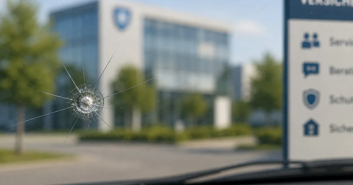 Windschutzscheibe eines Autos mit Steinschlag vor verschwommener Versicherungs-Landschaft